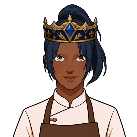 A cook with a navy ponytail wearing a sapphire crown