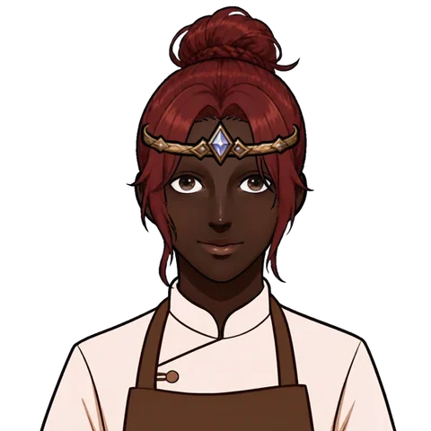 A cook with a red bun wearing a gold band